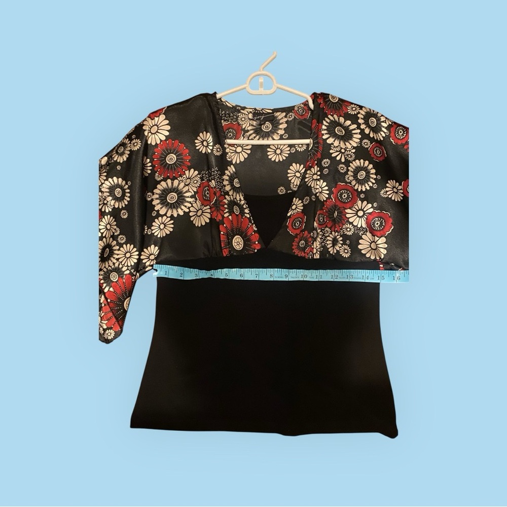 Source Unknown Black Top with Red and Cream Floral Overlay